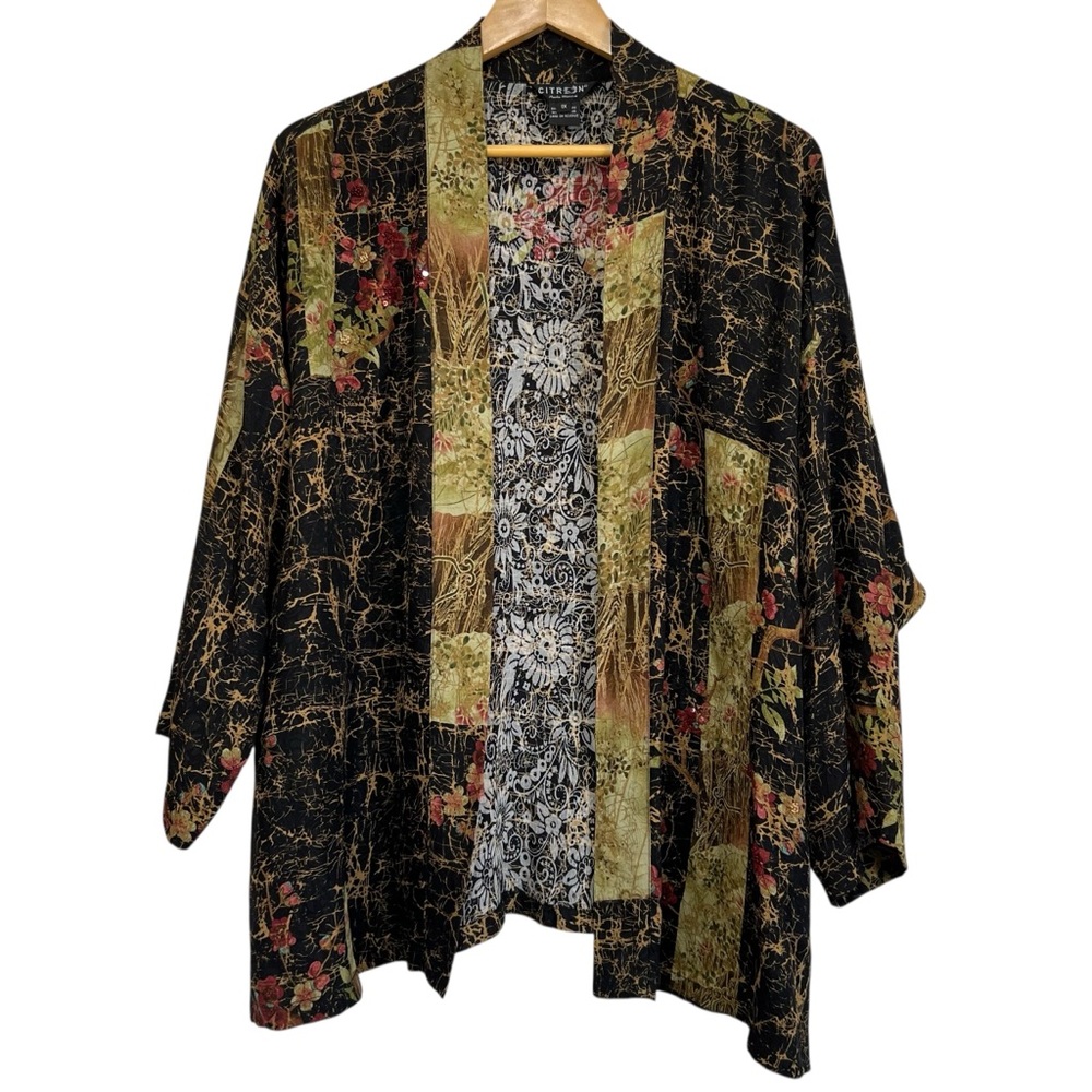 Citron Black Silk Floral Kimono Jacket Bead Detail Bohemian Artsy Size 1X